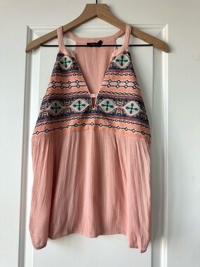 THML Peach Embroidered Halter V-Neck Camisole